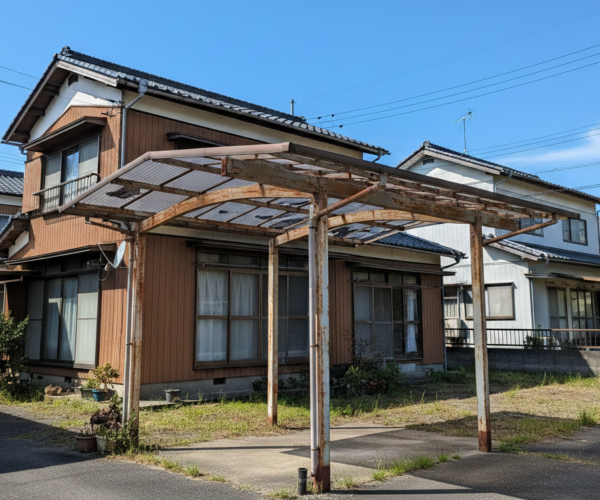徳島県内の住宅街にある、老朽化して錆びが目立つ古いカーポートの様子