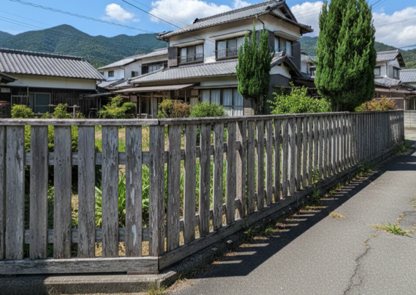 徳島の住宅街で古くなった木製フェンス越しに見える、手入れの行き届いた庭と青空の下の日本家屋