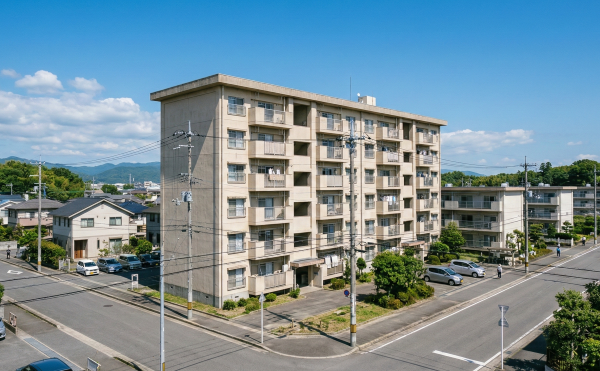 徳島市内の住宅街に建つ築40年程度の老朽化した分譲マンション。青空を背景にしたマンション解体検討時期の建物外観イメージ。