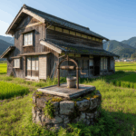 徳島ののどかな田園風景の中にある、古い戸建て住宅と庭先の石造りの井戸