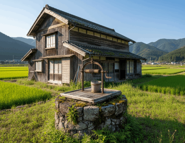 徳島ののどかな田園風景の中にある、古い戸建て住宅と庭先の石造りの井戸