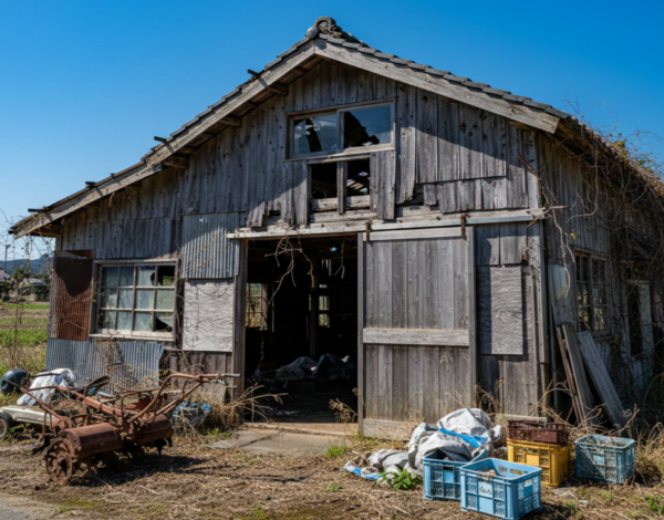 徳島県阿南市にある老朽化した農業用倉庫と古い農機具。青空の下で解体を待つ木造倉庫の様子。