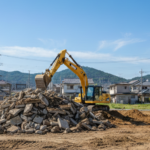 徳島の解体現場にて、油圧ショベル(ユンボ)が地中から掘り起こされた大量のコンクリートガラ(地中埋設物)を整理している様子