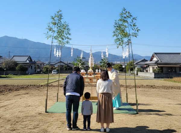 徳島での地鎮祭の様子。青空の下、更地で神主の祈祷に合わせ、後ろ姿で並ぶ家族が工事の安全を祈願する風景。
