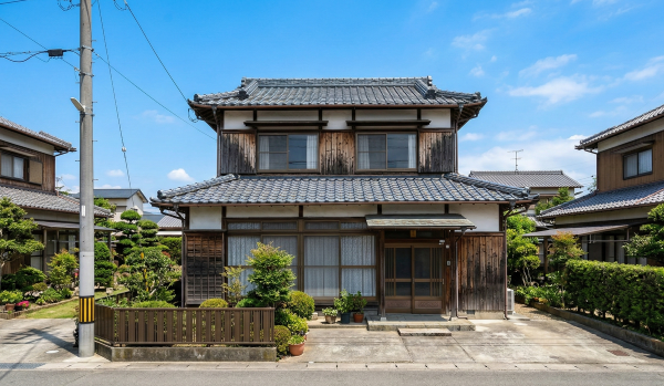 徳島県によく見られる築50年の瓦屋根木造二階建て住宅の外観。青空の下に立つ30坪程度の標準的な一軒家。