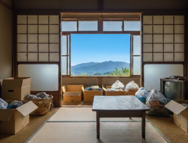 徳島での解体費用を安くするためにまとめられた、日本家屋室内の残置物（段ボールや袋）。窓からは徳島の山並みと青空が見える。