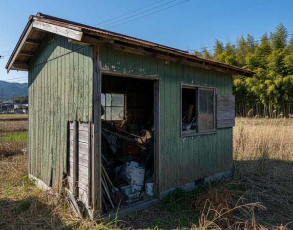 徳島県内の一軒家の庭にある、老朽化して錆びや塗装剥げが見られる古い物置。中には不用品や道具が保管されており、背景には徳島らしい青空と竹林が広がる様子。