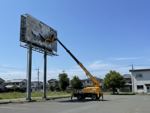 徳島県での看板撤去作業風景。青空の下、高所作業車を使用して老朽化した看板を安全に解体している様子。