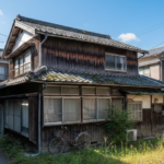徳島市内の住宅街にある老朽化した木造2階建ての空き家と青空。管理不全空き家の解体検討イメージ。