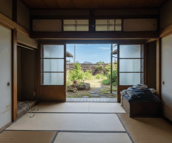 遺品整理が完了しスッキリと片付いた徳島の古い民家の和室と縁側から見える庭の風景