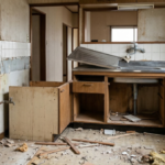 「徳島の住宅で行われているキッチン撤去作業の様子。解体途中の古いシステムキッチンと、壁に露出した水道管。床には散乱した廃材や粉塵があり、キッチン解体現場の生々しい様子を伝える。キッチン撤去コラム用画像。」