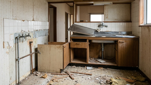「徳島の住宅で行われているキッチン撤去作業の様子。解体途中の古いシステムキッチンと、壁に露出した水道管。床には散乱した廃材や粉塵があり、キッチン解体現場の生々しい様子を伝える。キッチン撤去コラム用画像。」