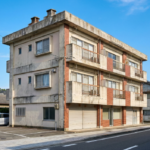 徳島市内の青空の下に立つ、築50年の老朽化した3階建てビル。解体工事を検討する際のイメージ写真。