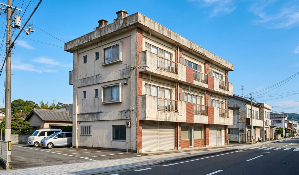 徳島市内の青空の下に立つ、築50年の老朽化した3階建てビル。解体工事を検討する際のイメージ写真。