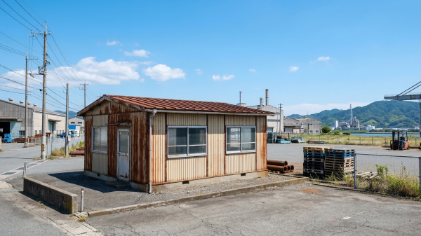 青空の下、徳島の工業地帯に建つ、古く錆びたトタン壁のプレハブ。背景には工場群と山々、クレーンが見える港が広がる。