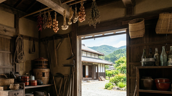 徳島で解体・整理が検討される、農家の敷地内にある古い倉（蔵、納屋）の内部。大量の古い農具や家財道具、乾燥野菜が詰め込まれた、薄暗く素朴な空間。相続後の処分に悩む所有者様を象徴する、リアルな風景。