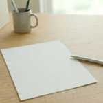 木目調のデスクに置かれた白紙の申請書類とペン。徳島での古い家解体補助金の手続きをイメージ