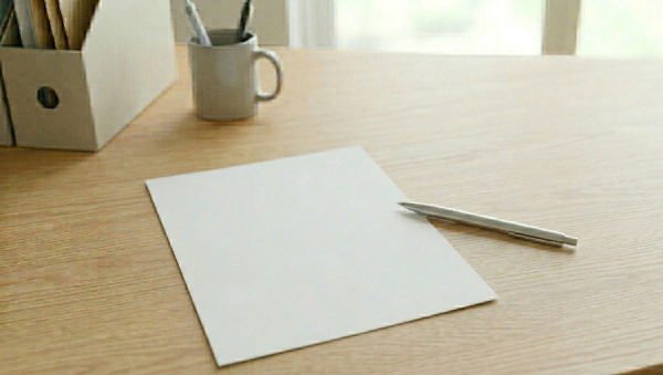 木目調のデスクに置かれた白紙の申請書類とペン。徳島での古い家解体補助金の手続きをイメージ