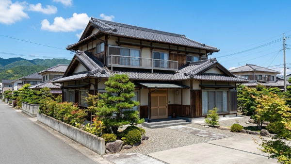 青空の下、徳島でよく見られる伝統的な瓦屋根と手入れされた庭を持つ、立派な木造二階建て住宅