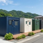 徳島の山並みを背景にした、解体後の更地を活用したおしゃれな貸しコンテナ。ネイビーやクリーム色のモダンな外観とウッドデッキのある風景。