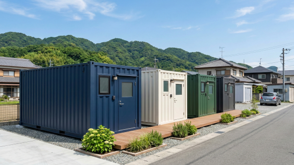 徳島の山並みを背景にした、解体後の更地を活用したおしゃれな貸しコンテナ。ネイビーやクリーム色のモダンな外観とウッドデッキのある風景。