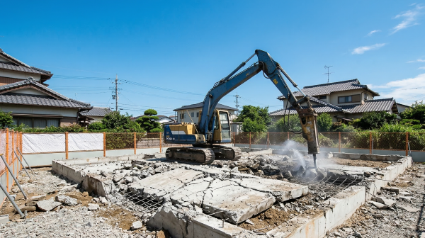 徳島県内の住宅地で青空の下おこなわれているベタ基礎の解体工事風景。油圧ショベルのアタッチメント（ブレーカー）でコンクリート土台を破砕し更地にする様子。