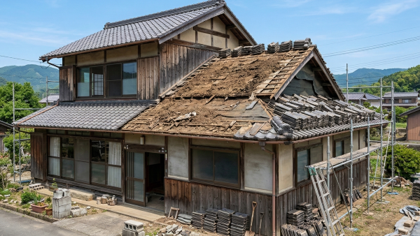 徳島で屋根解体中の木造二階建て住宅。瓦の下から古い土が見えている様子。