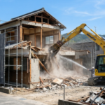 徳島の住宅街でおこなわれている、散水による粉塵対策を施した家屋解体工事の様子