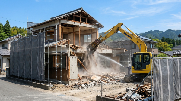 徳島の住宅街でおこなわれている、散水による粉塵対策を施した家屋解体工事の様子