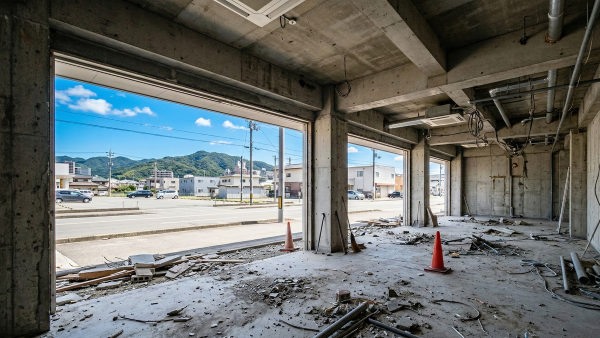 徳島・阿南エリアの店舗解体：コンクリート打ちっぱなしになったスケルトン解体後のクリーンな現場風景
