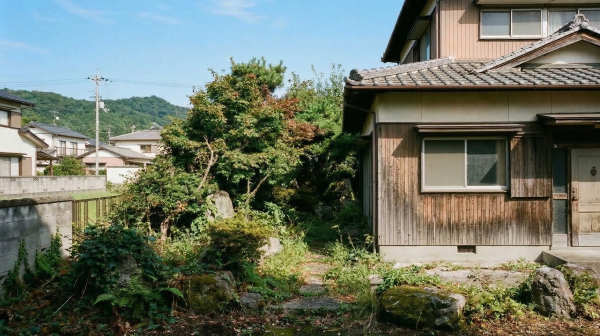 徳島県の住宅街にある庭解体前の様子。生い茂った庭木や大きな庭石が残る管理の行き届かなくなった空き家と庭の風景