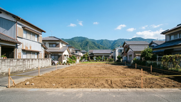 徳島県の住宅街で、建物解体後にきれいに整地された更地の写真。木の杭とトラロープで囲まれた清潔感のある土地。背景には青空と山々が広がる。