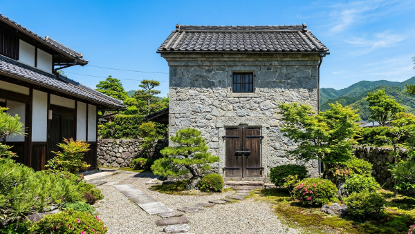 徳島市や阿南市で管理・解体が検討される、伝統的な石造りの蔵（蔵）。青空の下、手入れされた日本庭園の中に立っている。