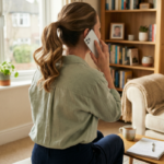 明るいリビングで、女性が背を向けて座り、スマートフォンで解体の依頼をしている様子。手前のテーブルにはノート、ペン、マグカップ、住宅関連のパンフレットが置かれている。