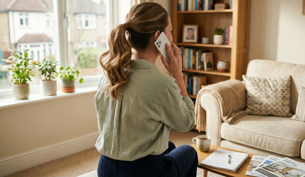 明るいリビングで、女性が背を向けて座り、スマートフォンで解体の依頼をしている様子。手前のテーブルにはノート、ペン、マグカップ、住宅関連のパンフレットが置かれている。
