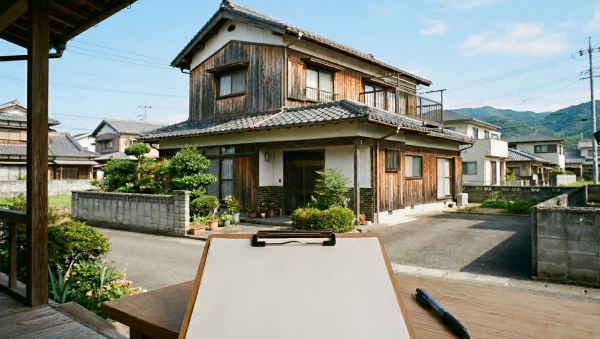 徳島市・阿南市エリアの木造二階建て住宅と、解体工事の見積もりをイメージした白紙のバインダー