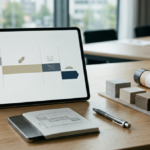 徳島での解体工事の期間とスケジュール工程を表す、タブレットとアイコンの抽象イメージ