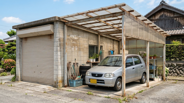 【徳島市・阿南市】築30年ほどの老朽化した車庫とカーポートの下に停まる軽自動車。コンクリートブロックとトタン屋根の古びた構造で、周囲は典型的な徳島の住宅景観。