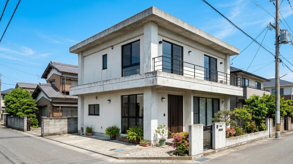 晴れた青空の下、日本の静かな住宅街の角地に建つ、モダンな2階建ての鉄筋コンクリート造（RC造）住宅の外観。白い壁とコンクリート打ちっぱなしの構造で、大きな黒いサッシの窓と、黒い手すりの付いた2階バルコニーがある。玄関前にはコンクリートの低い塀、植栽のある花壇、郵便受けが配置されている。周囲には他の住宅、電柱、電線、トランスが見える。