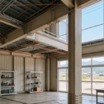 露出した頑丈なクリーム色の鉄骨構造と金属製のロフト、階段がある、インダストリアルな室内空間。左側に階段、奥に棚、右側にヴィンテージのスチールデスクがあり、正面の大きな窓から青空の下に広がる田園風景と山並みが一望できる。