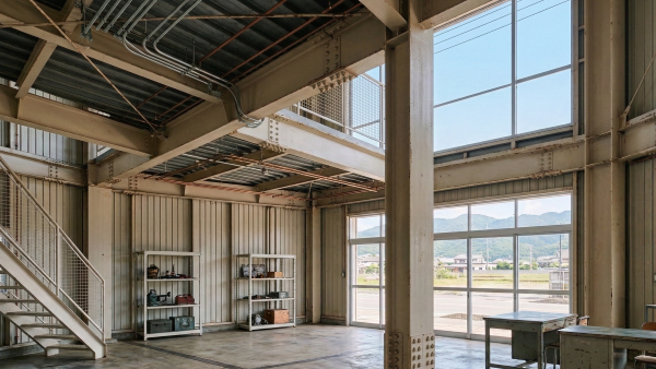 露出した頑丈なクリーム色の鉄骨構造と金属製のロフト、階段がある、インダストリアルな室内空間。左側に階段、奥に棚、右側にヴィンテージのスチールデスクがあり、正面の大きな窓から青空の下に広がる田園風景と山並みが一望できる。