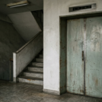 錆びて老朽化したビルの古いエレベーターと階段