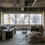 徳島市内のビル密集地におけるオフィス解体現場。コンクリートの床に、撤去された石膏ボード、カーペット、デスクの部品が山積みになっており、窓からは徳島市の街並みが望める。