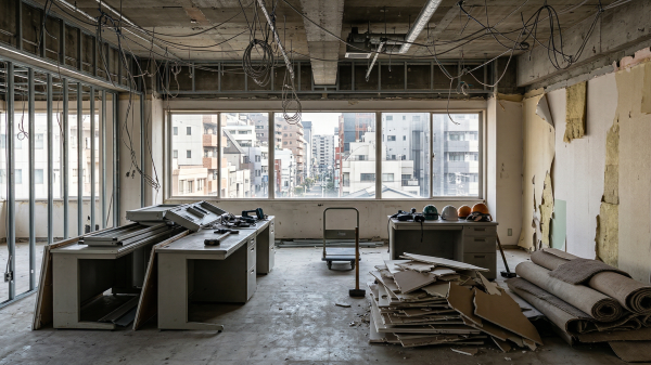 徳島市内のビル密集地におけるオフィス解体現場。コンクリートの床に、撤去された石膏ボード、カーペット、デスクの部品が山積みになっており、窓からは徳島市の街並みが望める。