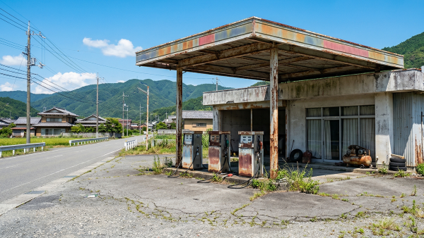 徳島の田舎で放置されている、錆びた給油ポンプと古い建物が残る老朽化した廃ガソリンスタンド。