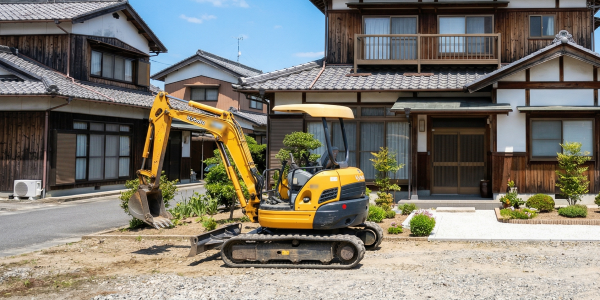 徳島の住宅街にある木造二階建て一軒家と、解体作業に使用される小型のマイクロバックホー