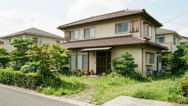 庭の草木が伸びて管理が必要な状態の、築30年ほどの2階建て日本家屋の外観