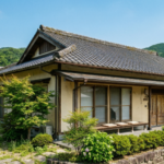 徳島の住宅街にある築50年の平屋住宅。広い瓦屋根と経年変化した外壁が特徴的な古い一軒家の外観。