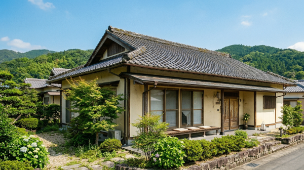 徳島の住宅街にある築50年の平屋住宅。広い瓦屋根と経年変化した外壁が特徴的な古い一軒家の外観。