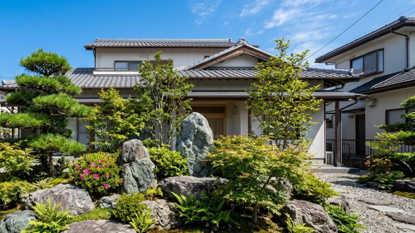 青空の下、庭石と多様な植栽（松、カエデ、ツツジなど）が美しく配置された和風庭園を持つ、瓦屋根の現代的な日本の住宅の外観。